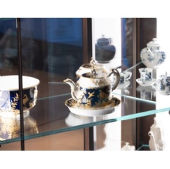 A Chelsea porcelain teapot, circa 1760s; detail of installation taking place in the new British Galleries, opening March 2, 2020. Image courtesy of The Metropolitan Museum of Art.
