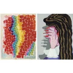 LEFT: Alma Thomas, Flash of Spring, 1968. $450,000 - $650,000; RIGHT: Julie Curtiss, Redfaced, 2016. $60,000-80,000
