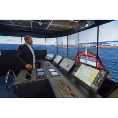 The Wrtsil navigation simulator is an essential enabler in the ISTLAB project aimed at creating a testing environment for smart autonomous vessels. Photo: SAMK / Pekka Lehmuskallio