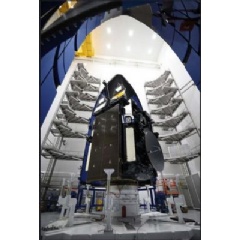 Lockheed Martins sixth Advanced Extremely High Frequency (AEHF-6) protected communications satellite is encapsulated in its protective fairings ahead of its expected March 26 launch on a United Launch Alliance Atlas V rocket.