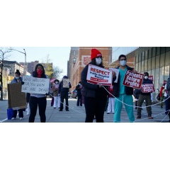Giles Clarke. Nurses and healthcare workers outside at a hospital in New York City demand better protection against the COVID-19 virus.
