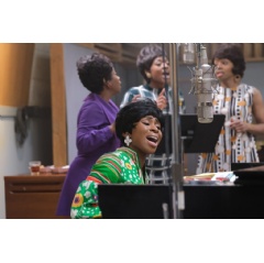 Aretha Franklin, played by Cynthia Erivo (foreground), rehearsing with backup singers played by (background L to R) Kameelah Williams, Patrice Covington (as Erma Franklin) and Erika Jerry. (Credit: National Geographic/Richard DuCree)