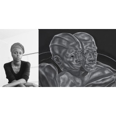 Images (left–right): Portrait of Toyin Ojih Odutola, photo by Beth Wilkinson, © Toyin Ojih Odutola, courtesy of the artist and Jack Shainman Gallery, New York. Toyin Ojih Odutola, “Imitation Lesson; Her Shadowed Influence” (see complete caption below