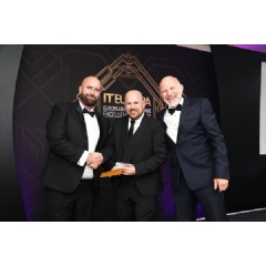 From the left:Rob Allen VP of Operations EMEA ThreatLocker, Mark Hibberd Sales Manager Telefónica Tech UK&I and Simon Evans Celebrity Host.