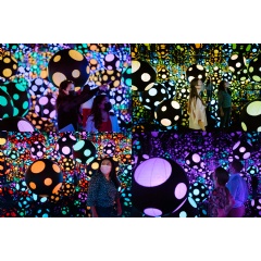 Visitors experiencing Yayoi Kusamas Infinity Mirrored RoomMy Heart Is Dancing into the Universe (2018) at the Hirshhorn Museum and Sculpture Garden. (complete caption below)