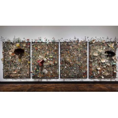 Nick Cave, Wall Relief, 2013. Mixed media including ceramic birds, metal flowers, afghans, strung beads, crystals and antique gramophone. 4 panels, each: 97x74x21 in. (see complete caption below)