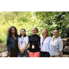 A communal moment at the 2022 Creative Producing Lab.
From left to right: Daffodil Altan, Violet Feng, Andrea Meditch, Amanda Spain, Carrie Lozano.
(Photo by Maya Dehlin.)