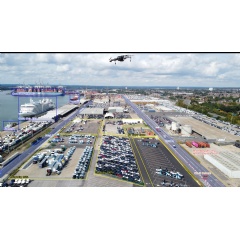 Drone flying over a port