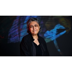 Image: Nalini Malani in front of her work ’My Reality is Diff=erent’, 2022; Animation chamber, 9-channel installation, sound: 25.15 mins © Nalini Malani; Photo: Luke Walker