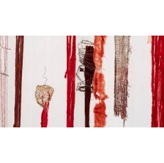Cecilia Vicuña, Quipu del Exterminio / Extermination Quipu, 2022 (detail). Wool, natural plant fibers, horse hair, metal, Wood, seashells, nutshells, seeds, bone, (see complete caption below).
