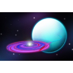 MIT astronomers mapped the “disk winds” associated with the accretion disk around Hercules X-1, a system in which a neutron star is drawing material away from a sun-like star, represented as the teal sphere. (see complete caption below)