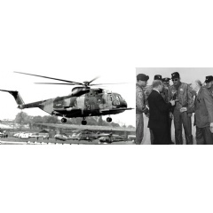 In 1967, two HH-3E helicopters made the first non-stop helicopter flight across the Atlantic Ocean from New York to the 27th Paris Air Show. Igor Sikorsky (right) and his son, Sergei, welcomed the U.S. Air Force crew. Images courtesy Sikorsky Archive