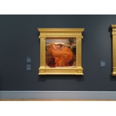 Frederic Leighton’s Flaming June (c.1895) displayed in Gallery 800 at The Metropolitan Museum of Art, on loan from the Museo de Arte de Ponce from October 8, 2022 to February 2024. Photo by Paul Lachenauer, Courtesy of The Met.