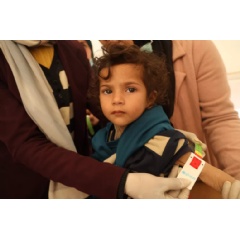 UNICEF/UNI519938/El Baba
Leen, 2-year-old, is getting her middle-upper-arm-circumference (MUAC) measured, her MUAC reads less than 10, indicating sever acute malnutrition and drastic weight loss and muscle atrophy. Rafah Governorate, February 2024