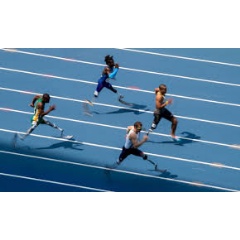 @ Simon Bruty/OIS
Ntando Mahlangu RSA, Regas Woods USA, Richard Whitehead GBR and Leon Schfer GER (left to right) compete in Heat 2 of the Mens 100m at the Paralympic (see complete caption below)