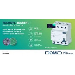 The SENTRON 5SV3 residual current circuit breaker (RCCB), type A/AC is the first Siemens product using TECHNYL® 4EARTH® from DOMO Chemicals, a high-performance polyamide made from 50% recycled nylon. (see complete caption below)
