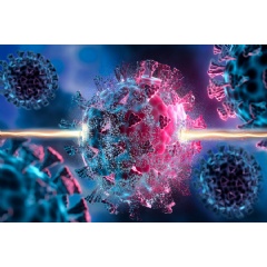 Researchers at MIT and other institutions have discovered broad-spectrum antiviral compounds through the use of a novel optogenetic screen, symbolized in this image by a beam of light piercing a virus.(see complete caption below)