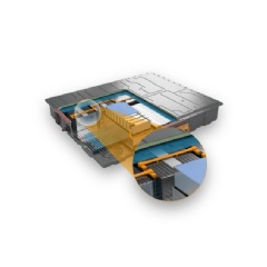 Interior view of a traction battery in an electric vehicle. The enlarged section shows the busbar (orange) insulated with ELASTOSIL® R 531/60. (see complete caption below)