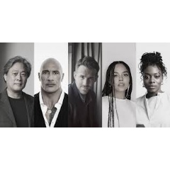 L to R: Park Chan-wook, Dwayne Johnson, Ryan Reynolds, Tessa Thompson, and Nia DaCosta