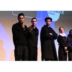 (L–R) Writer-director Alex Russell, Théodore Pellerin, Archie Madekwe, and Havana Rose Liu on stage for the premiere of “Lurker” at Eccles Theater in Park City. (Photo by George Pimentell/Shutterstock for Sundance Film Festival)