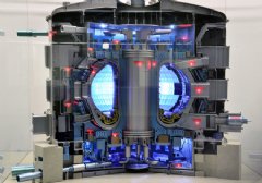 A 1:50-scale model of the ITER Tokamak, complete with lights indicating the major sub-systems. Credit:  ITER Organization, www.iter.org/