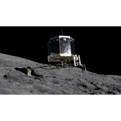 Philae touchdown. Still image from animation of Philae separating from Rosetta and descending to the surface of comet 67P/Churyumov-Gerasimenko in November 2014. Copyright ESA/ATG medialab.