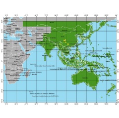 Shaded grid over most of Asia, Japan, and Australia indicates the coverage of the third of four releases of improved topographic (elevation) data now publicly available through USGS archives.
