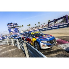 Olsbergs MSE, Honda Conclude the 2017 Red Bull Global Rallycross Season. Mitchell deJong leads teammate Sebastian Eriksson in their Honda Red Bull OMSE Civic Coupes at the Port of Los Angeles.