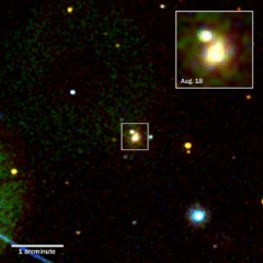 Swift’s Ultraviolet/Optical Telescope imaged the kilonova produced by merging neutron stars in the galaxy NGC 4993 (box) on Aug. 18, 2017, about 15 hours after gravitational waves and the gamma-ray burst were detected. Credits: NASA/Swift