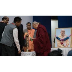 His Holiness the Dalai Lama and principal guests lighting a peace lamp to open the inaugural session of a conference on Science, Spirituality & World Peace at the Government Degree College in Dharamsala, HP, India. Photo by Tenzin Choejor