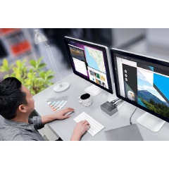 Plug in two ultra-high-def monitors at your workstation with the Thunderbolt™ 3 DV4K Docking Station with Power.