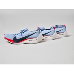 Three custom Nike Zoom Vaporfly Elite shoes, featuring the 4% system, that were worn by the three athletes chasing down a 1:59:59 marathon finish time at Nike’s Breaking 2 attempt in May of 2016