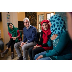 Apple CEO Tim Cook and Nobel Peace Prize Laureate Malala Yousafzai visit with Lebanese and Syrian students in Beirut, Lebanon.