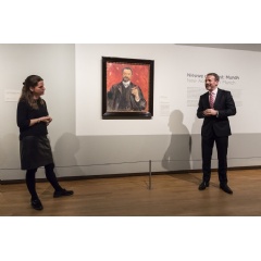 Museum director Axel Rger and curator Maite van Dijk next to Edvard Munchs portrait of Felix Auerbach (1906). The portrait is the latest purchase for the Van Gogh Museums collection and will be exhibited in a special new display of paintings.