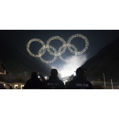 Intel Shooting Star drones form the Olympics rings as part of the Olympic Winter Games PyeongChang 2018 opening ceremony drone light show. (Credit: Intel Corporation)