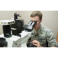 Maj. Michael McFall, a 96th Medical Group pathologist, looks through a microscope to study a patients tissue April 21, 2016, at Eglin Air Force Base, Florida.

Credit: U.S. Air Force photo/Ilka Cole