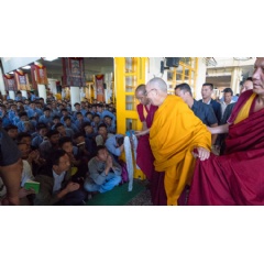 His Holiness the Dalai Lama greeting TCV students as he arrives at the Main Tibetan Temple in Dharamsala, HP, India. Photo by Tenzin Phuntsok