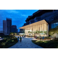 The glass facades allow for a seamless transition from the store to the river and the city.