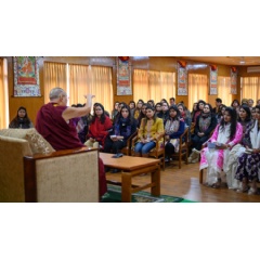 His Holiness the Dalai Lama speaking to 75 members of the Young FICCI Ladies Organisation at his residence in Dharamsala, HP, India. Photo by Tenzin Choejor
