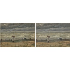 Left: ’View of the Sea at Scheveningen’ prior to the restoration. Right: ’View of the Sea at Scheveningen’ after restoration. Photos by Heleen van Driel.