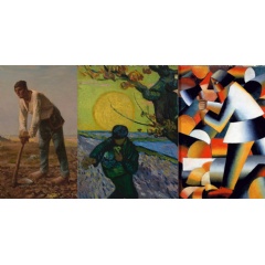 L:Jean-Franois Millet, Man with a Hoe, 1860-1862, J. Paul Getty Museum, Los Angeles. Middle: Vincent van Gogh, The Sower, 1888, Van Gogh Museum, Amsterdam (Vincent van Gogh Foundation). R: Kazimir Malevich, The Woodcutter, 1912, Collection Stedelijk