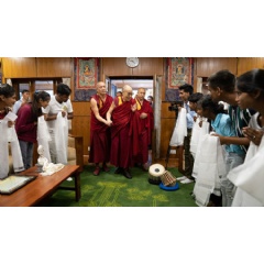 His Holiness the Dalai Lama arriving for his meeting with community representatives, staff and students of Tong-Len at his residence in Dharamsala, HP, India. Photo by Tenzin Choejor