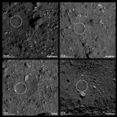 Pictured are the four candidate sample collection sites on asteroid Bennu selected by NASAs OSIRIS-REx mission. In December, one of these sites will be chosen for the missions touchdown event.
Credits: NASA/University of Arizona