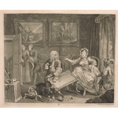 William Hogarth, A Harlots Progress, plate 2, 1732.

Part of the RA Collection300 mm x 375 mm.  Photo: Prudence Cuming Associates Limited.