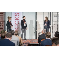 Alejandro Franco, Co-Founder of Kaffe Bueno (centre) and Lucie Kendall, Innovation Manager at M-Industry (right), introduce partnership at Kickstart 2019 Closing Ceremony