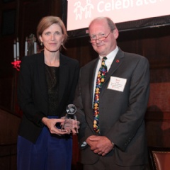 Samantha Power, left Former United Nations Ambassador receives the Refugee Advocate award from and Brad Irwin, right Save the Children Board Chair, at the Save the Children Boston Leadership Council’s Second Annual Gala. Credit: Lauren Owens Lambert
