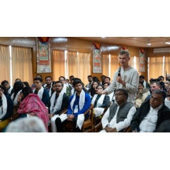 A member of the audience asking His Holiness the Dalai Lama a question during his meeting with Indian Buddhists and students of mass communication at his residence in Dharamsala, HP, India. Photo by Tenzin Choejor