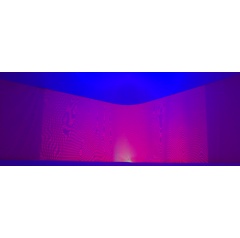 Philip Vermeulen, ’More Moiré²’ , polyester, led light, mesh curtain, linear stages, 2020.