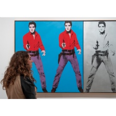 Installation view of Andy Warhol at Tate Modern featuring Andy Warhol’s Elvis I and II 1963; 1964. Collection Art Gallery of Ontario, Toronto. Licensed by DACS, London. Photo by Tate Photography: Andrew Dunkley.