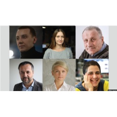 clockwise from top left: RFE/RL contributors and journalists Stanislav Aseyev, Svetlana Prokopyeva, Mykola Semena, Hannah Kaviani, Alexandra Dynko, and Sirojiddin Tolibov.
